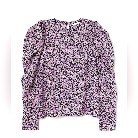 H&M - Black And Purple Floral Puff Ling Sleeve 2 Button Closure Blouse Small - Picture 1 of 14
